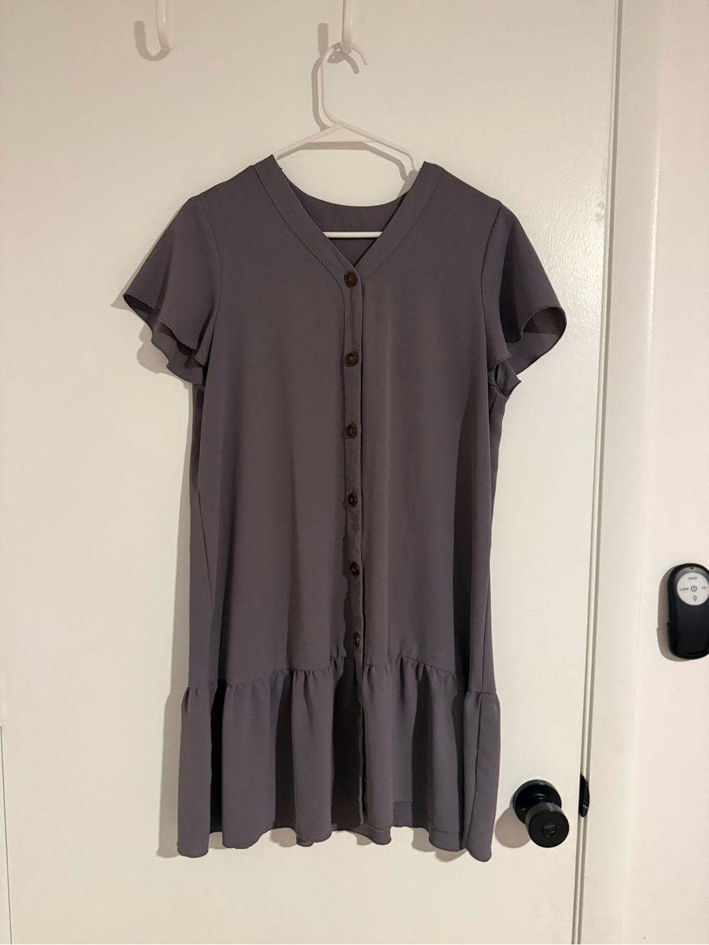 Gray Button Front Mini Dress Flutter Sleeve Ruffle Hem Medium